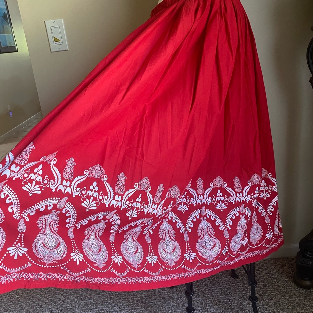 Red Border Print Maxi Skirt boho cotton